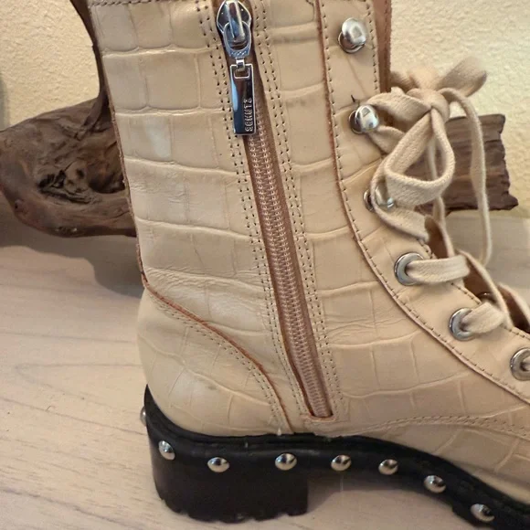 SCHUTZ Cream Croc-Embossed Combat Boots with stud detail - Picture 9 of 9